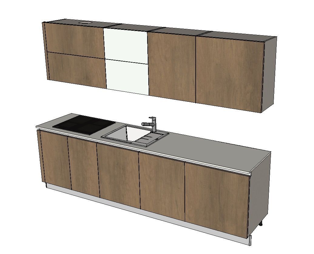 Mobili da cucina a due livelli in legno e bianco con lavello e piano cottura.