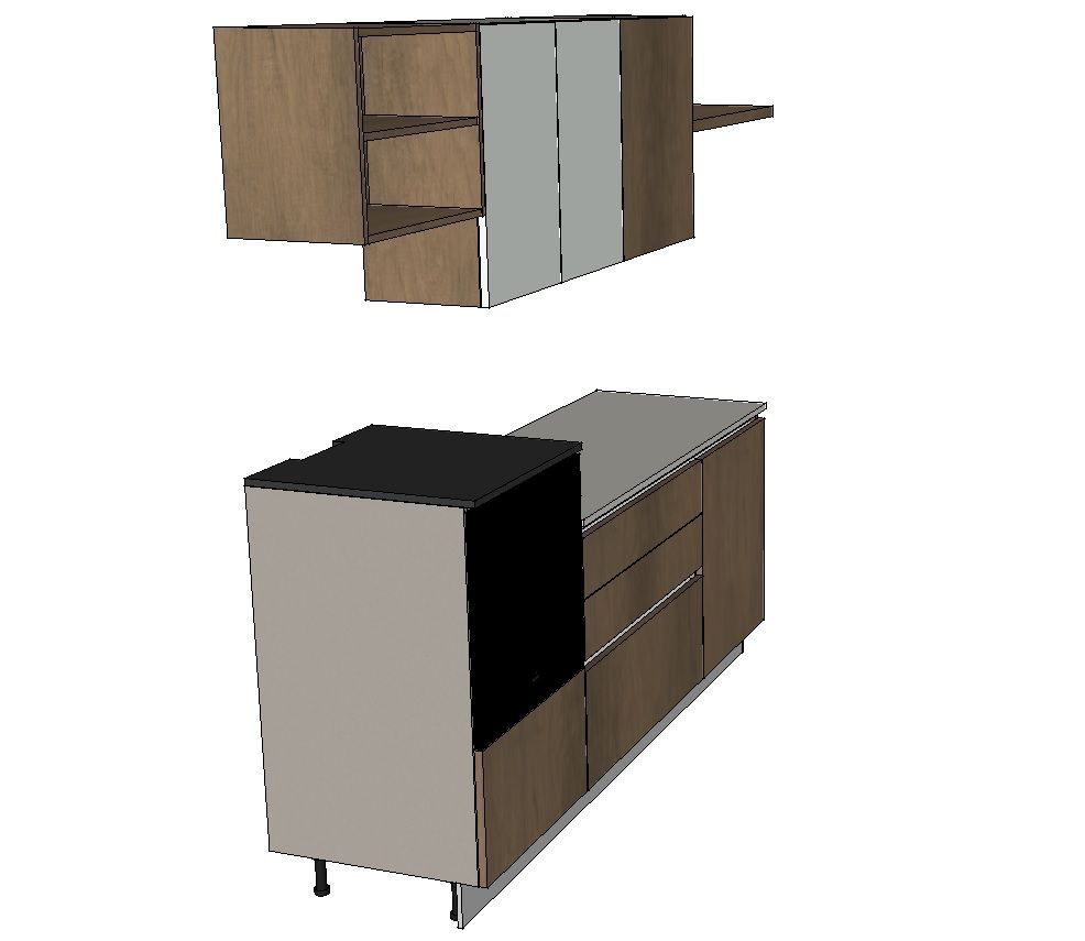 Mobili da cucina in due sezioni: superiore con cassetti aperti e inferiore con elettrodomestici.