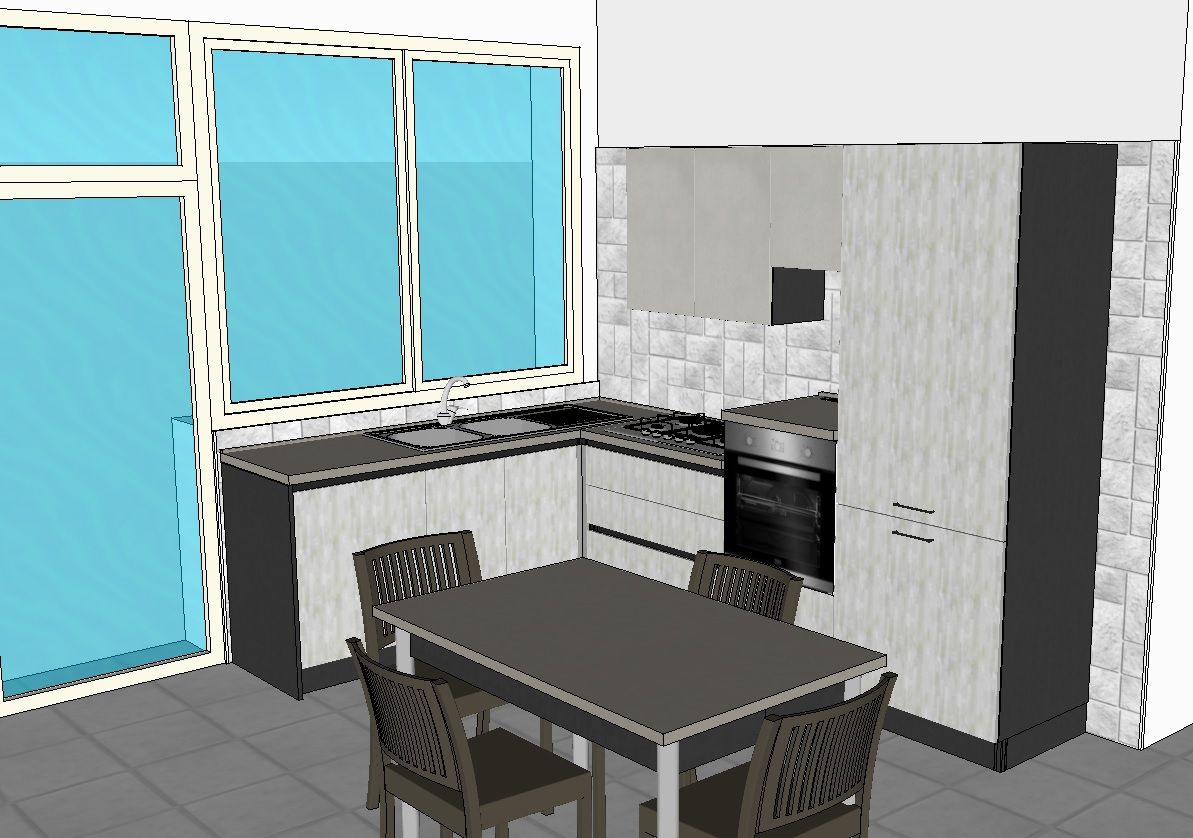Rendering 3D di una cucina con mobili grigio chiaro, fornelli, tavolo e sedie. Una grande finestra sulla sinistra.