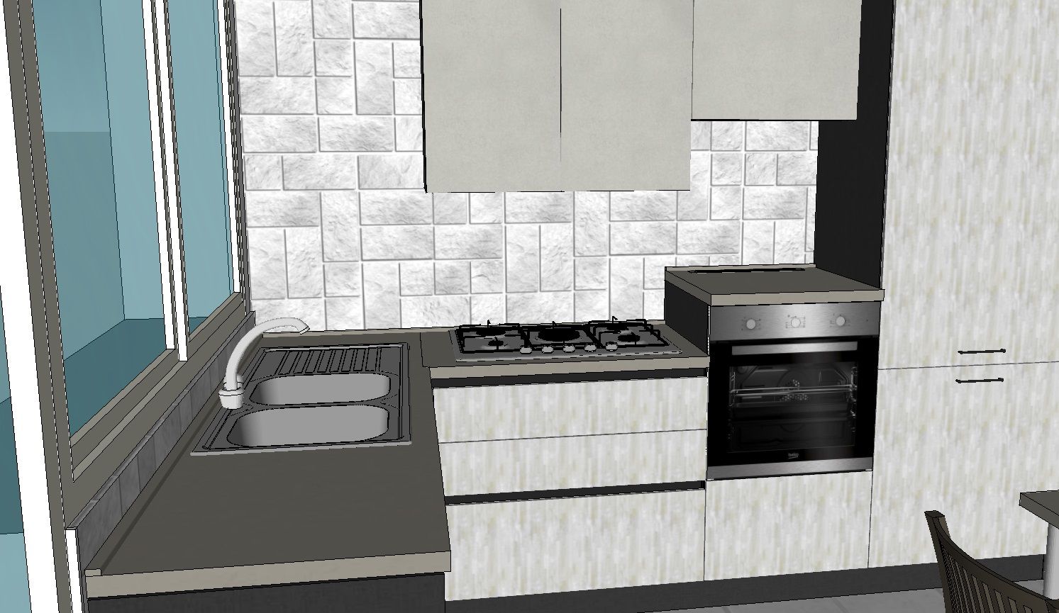 Cucina con lavello, fornelli, forno e mobili bianchi, con piano di lavoro grigio chiaro e paraschizzi in piastrelle bianche.