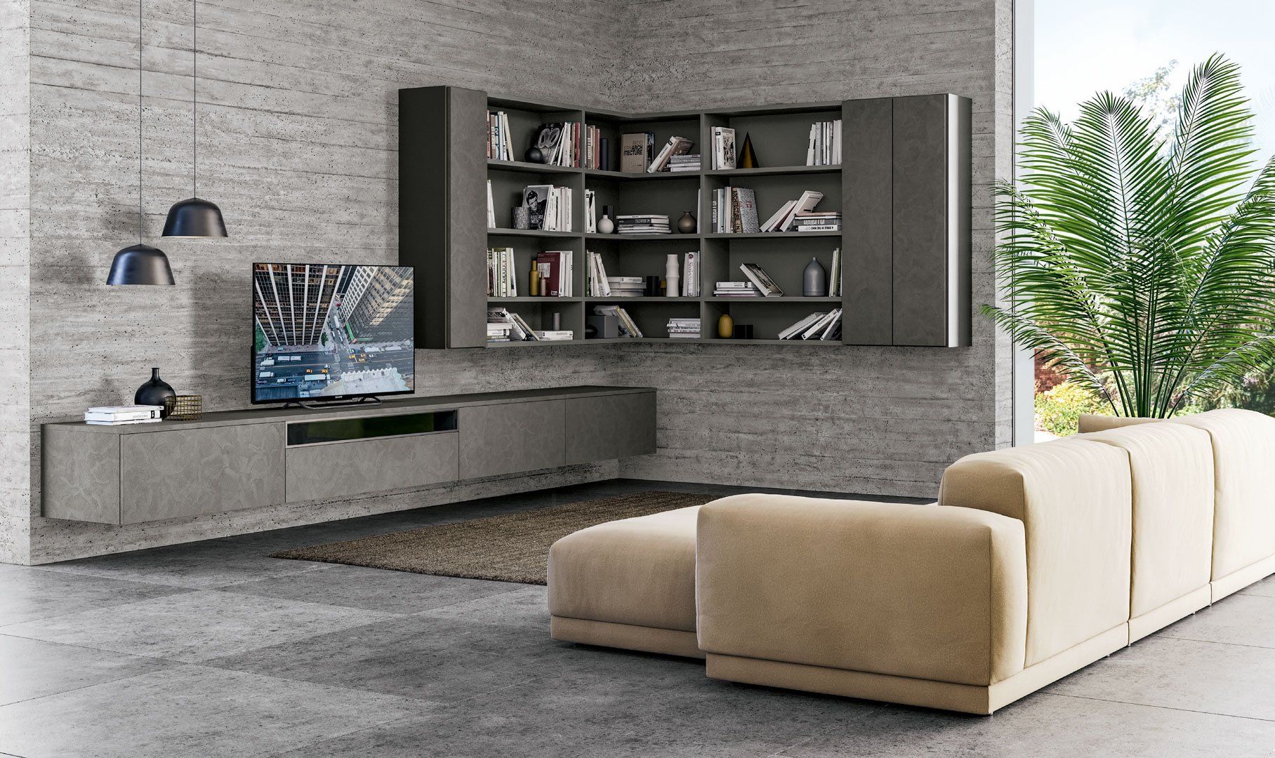 Soggiorno moderno con mobili sospesi grigi, libreria, TV e divano color crema.