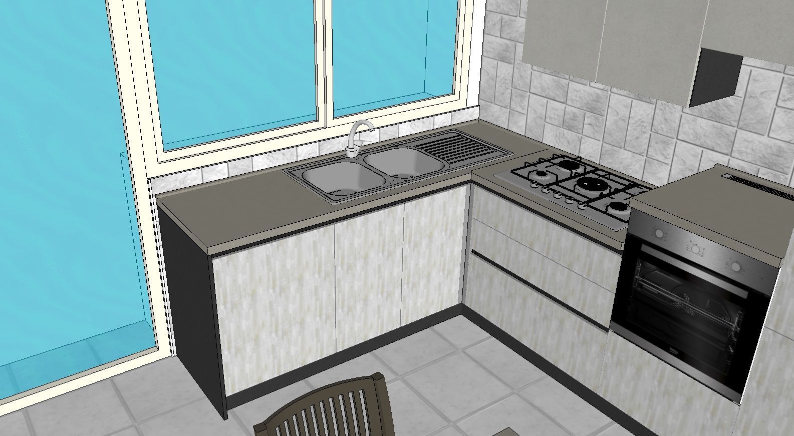 Cucina con mobili grigio chiaro, elettrodomestici in acciaio inossidabile e una finestra con persiane blu.