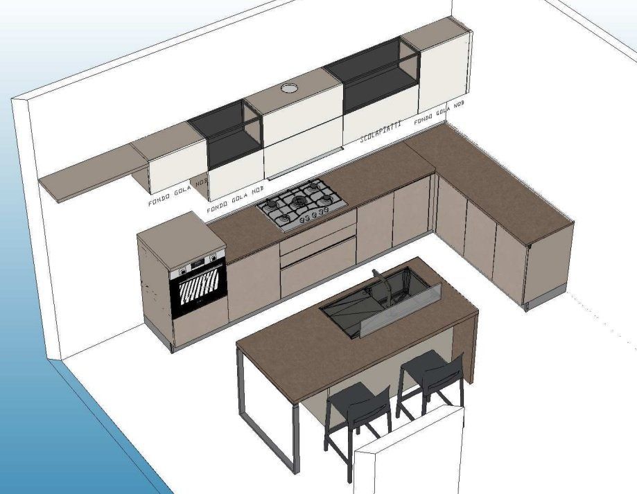 Vista isometrica di una cucina moderna con mobili beige e marroni, un'isola con posti a sedere e un piano cottura.