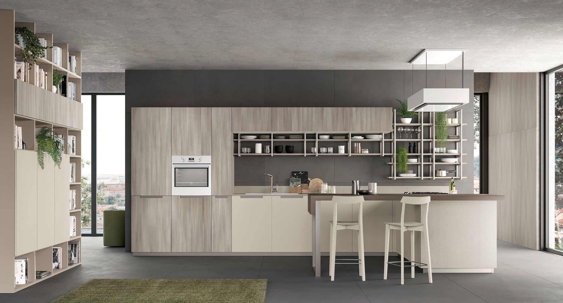 Cucina moderna con mobili in legno chiaro, parete grigia, isola con sgabelli e forno incorporato.