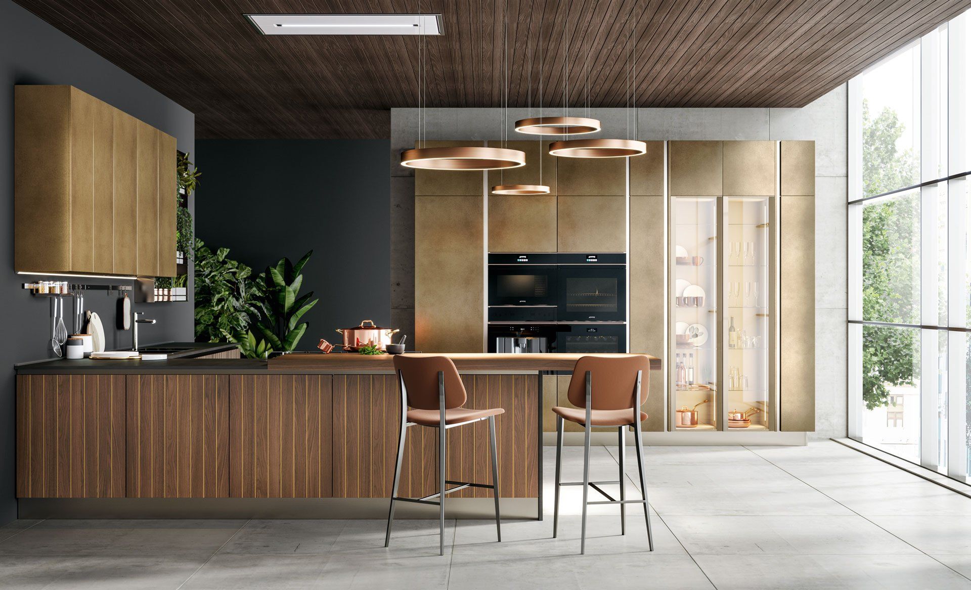 Cucina moderna con mobili in legno, isola e lampade a sospensione; due sgabelli da bar.
