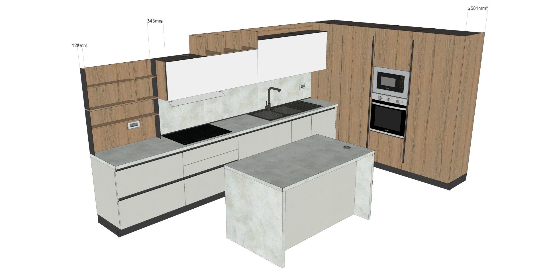 Una cucina moderna con mobili bianchi, pannelli in legno e un'isola.