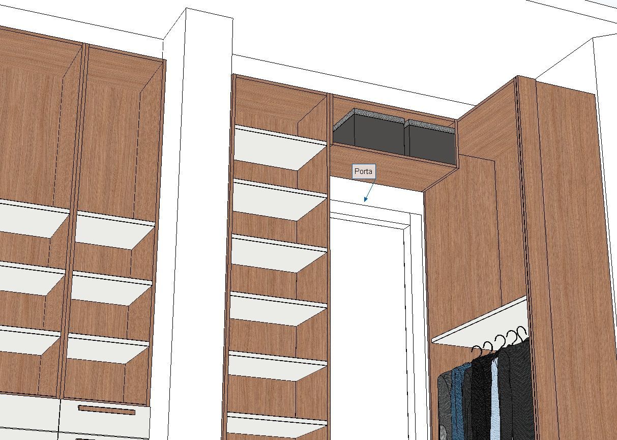 Rendering architettonico dell'angolo di un edificio; pannelli in legno marrone, dettagli bianchi e una finestra.