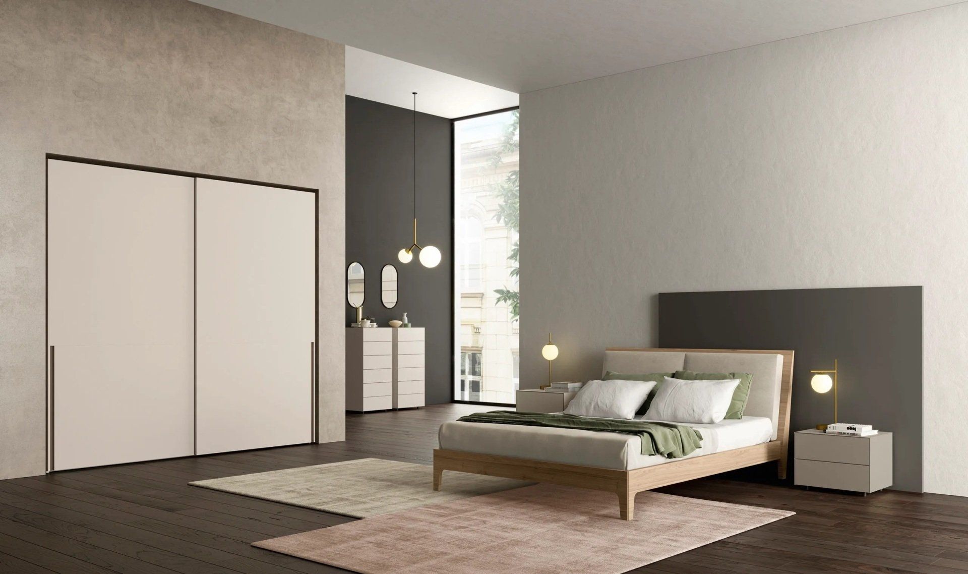 Camera da letto moderna con ampio armadio, letto, comodino e finestra. Colori tenui e neutri.