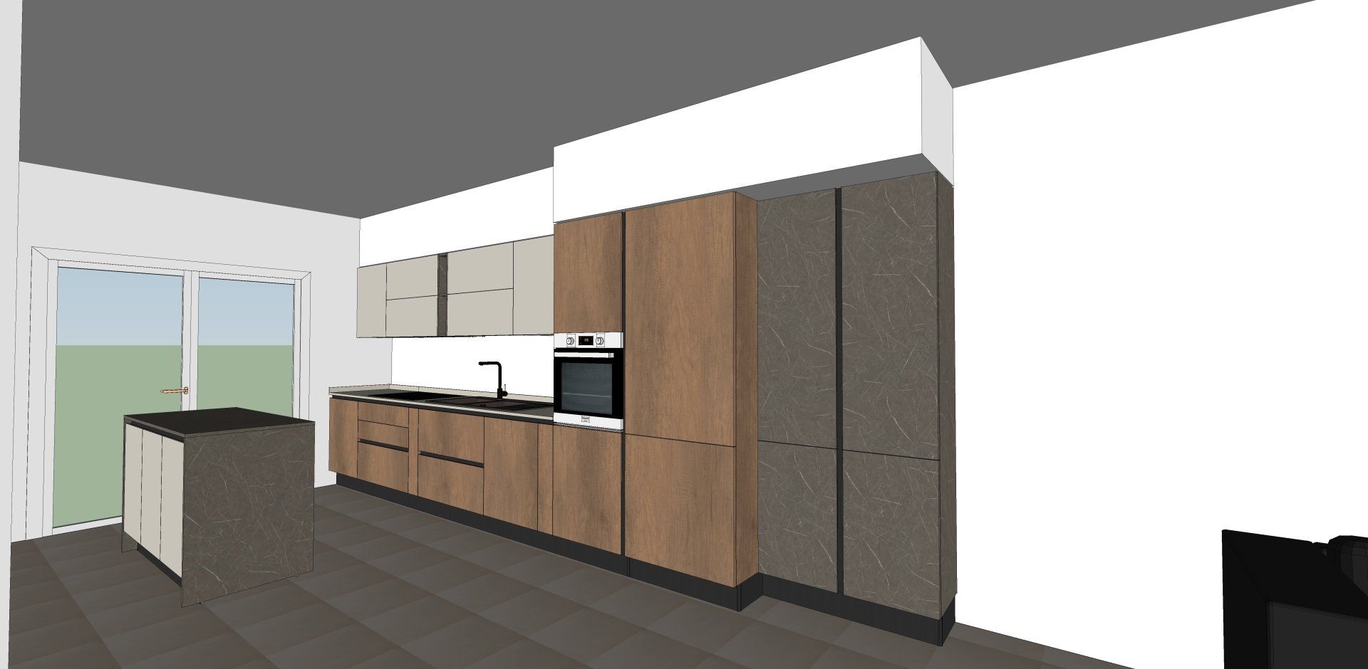 Rendering della cucina con mobili, forno, isola e finestra. Toni del marrone e del grigio.
