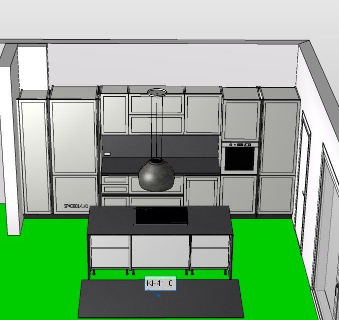 Rendering 3D di una cucina con mobili grigi, ripiani neri e un'isola centrale su un pavimento verde.