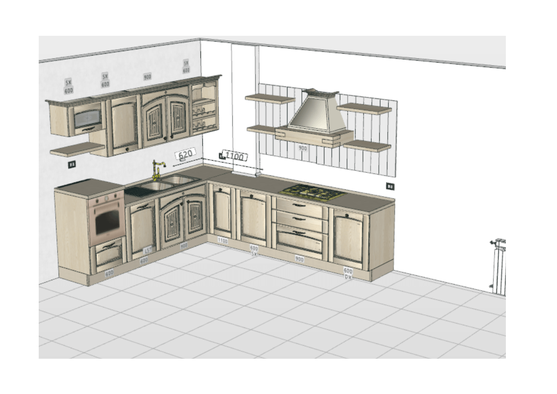 Rendering del design della cucina con mobili, elettrodomestici e cappa di colore chiaro contro una parete bianca.