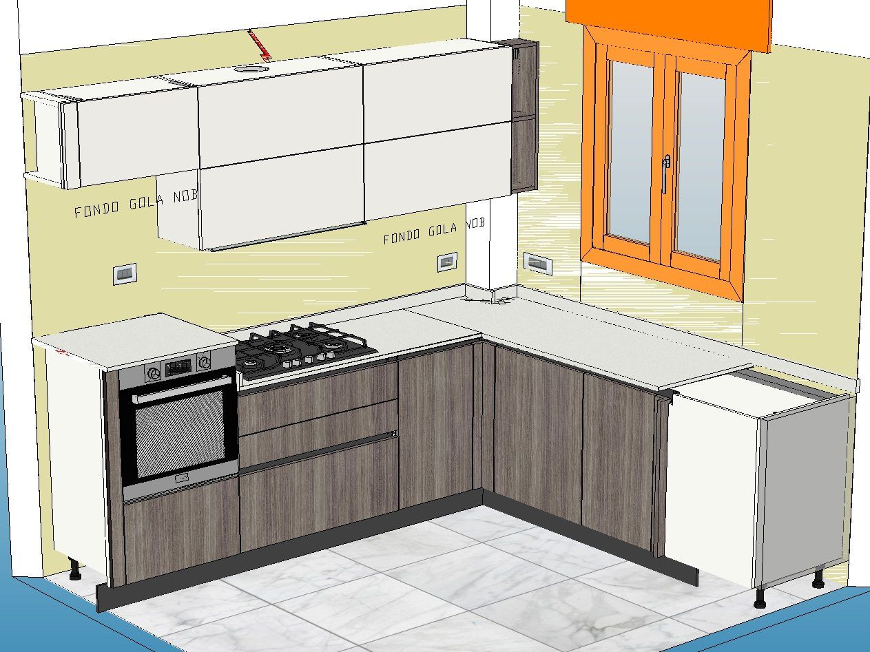 Rendering di una cucina a L con mobili grigi, ripiani bianchi e finestra con cornice arancione.