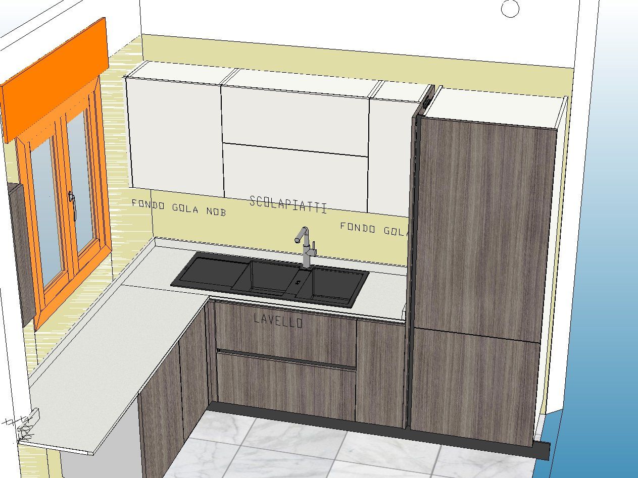 Progetto di cucina con mobili bianchi e in legno, lavello e piano cottura, vicino a una finestra con cornice arancione.