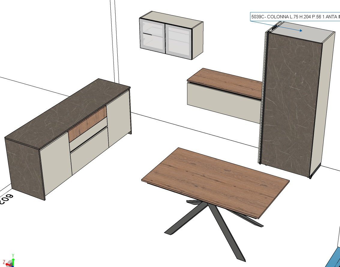 Rendering 3D dell'arredamento di una stanza. Include un tavolo, armadi e un mobile contenitore.