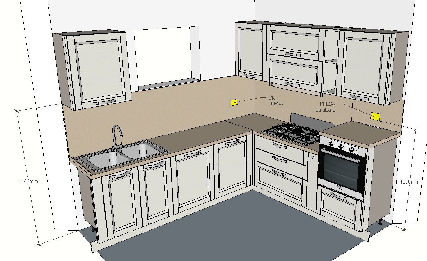 Rendering di una cucina con mobili, ripiani ed elettrodomestici di colore chiaro disposti a L, vicino a una finestra.