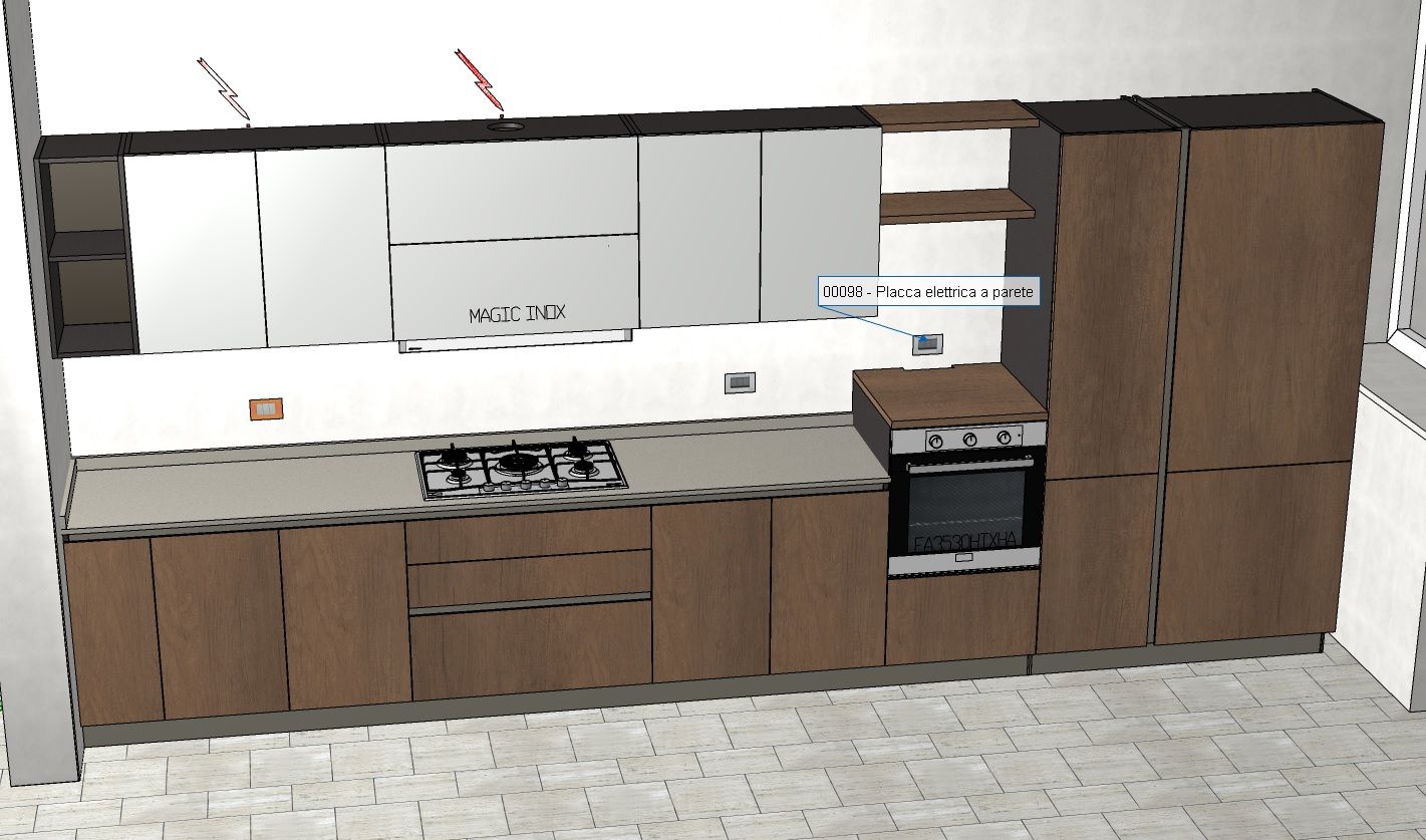 Rendering 3D di una cucina moderna con mobili marroni e grigi, fornelli e piano di lavoro.