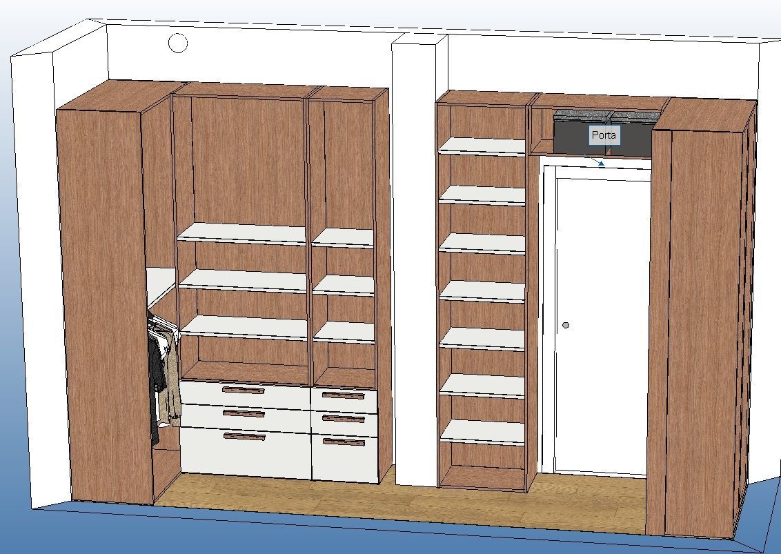 Una cabina armadio con scaffali e armadietti in legno marrone e una porta bianca al centro.