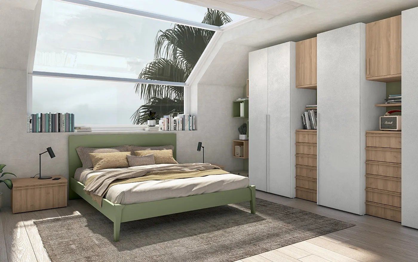 Camera da letto con letto, armadio e finestra; tonalità verde, bianco e legno. Librerie, lampade e tappeto a vista.