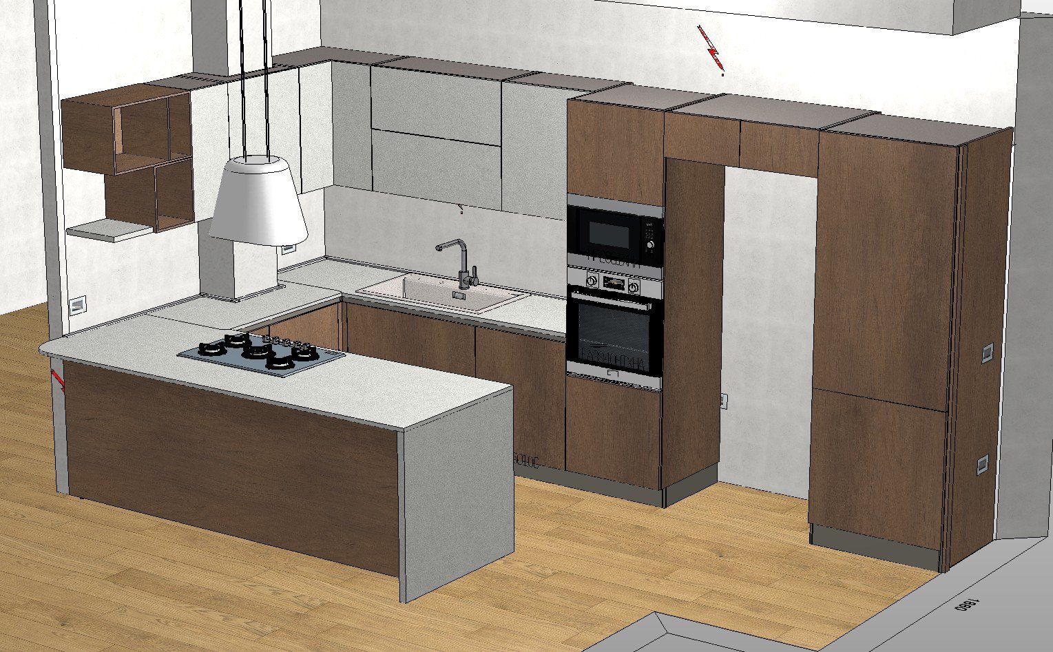 Una cucina moderna con isola marrone, mobili e forno a microonde.