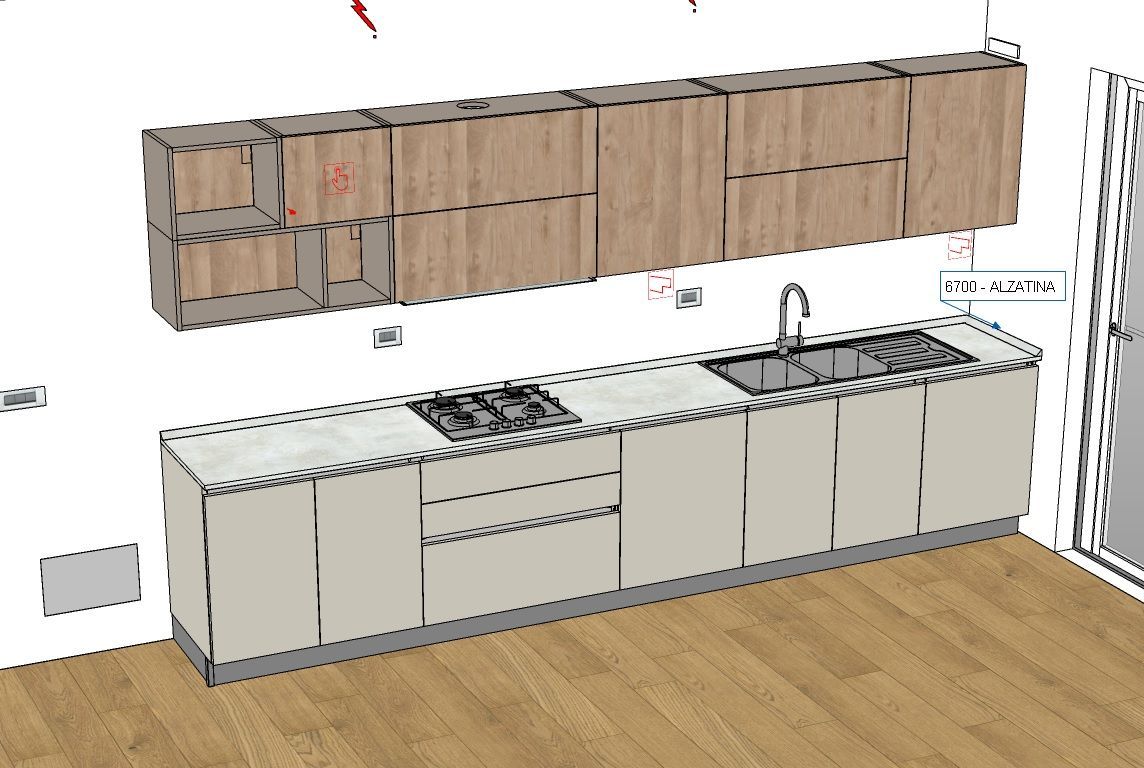 Progettazione della cucina: mobili leggeri, pensili in legno, piano di lavoro con lavello e piano cottura.