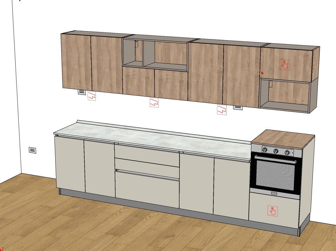 Progettazione di mobili da cucina con ripiani chiari, pensili color legno e forno incorporato.