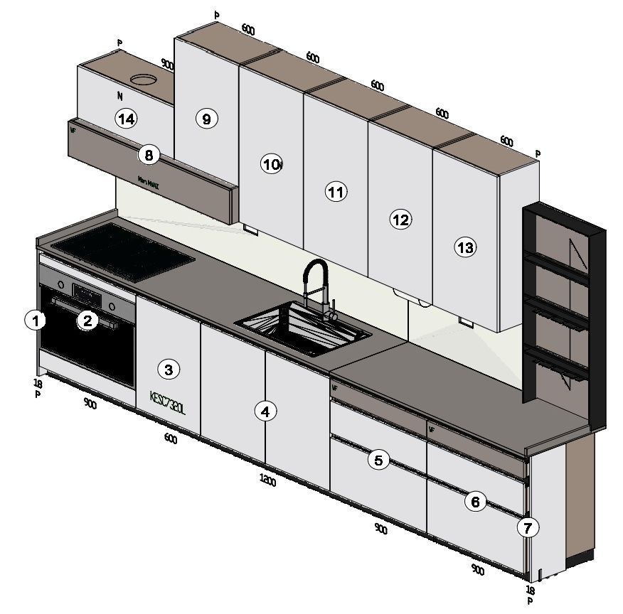 Vista isometrica di una cucina moderna con mobili, elettrodomestici e piano di lavoro.