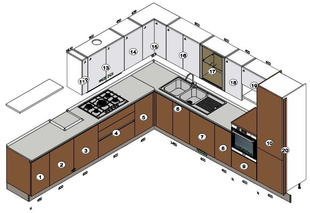 Vista isometrica di una cucina a L marrone e bianca con elettrodomestici e mobili etichettati.