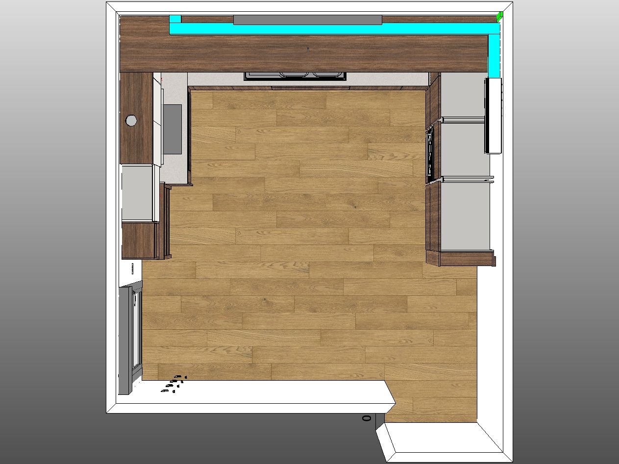 Vista dall'alto di una cucina moderna con pavimento in legno, mobili chiari e illuminazione d'accento color verde acqua nella parte superiore.