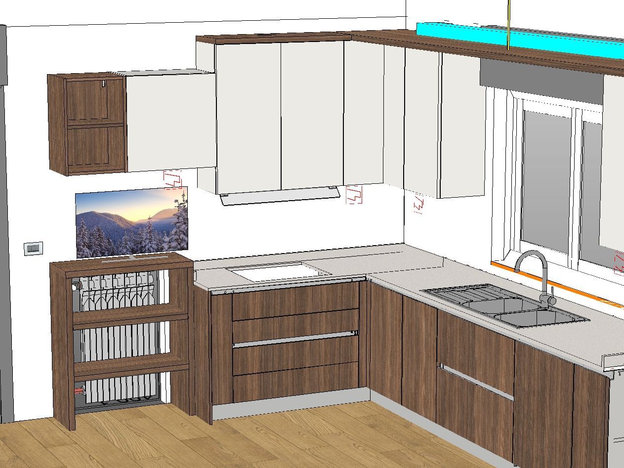 Rendering 3D di una cucina moderna con mobili effetto legno, lavello in acciaio inossidabile e finestra.