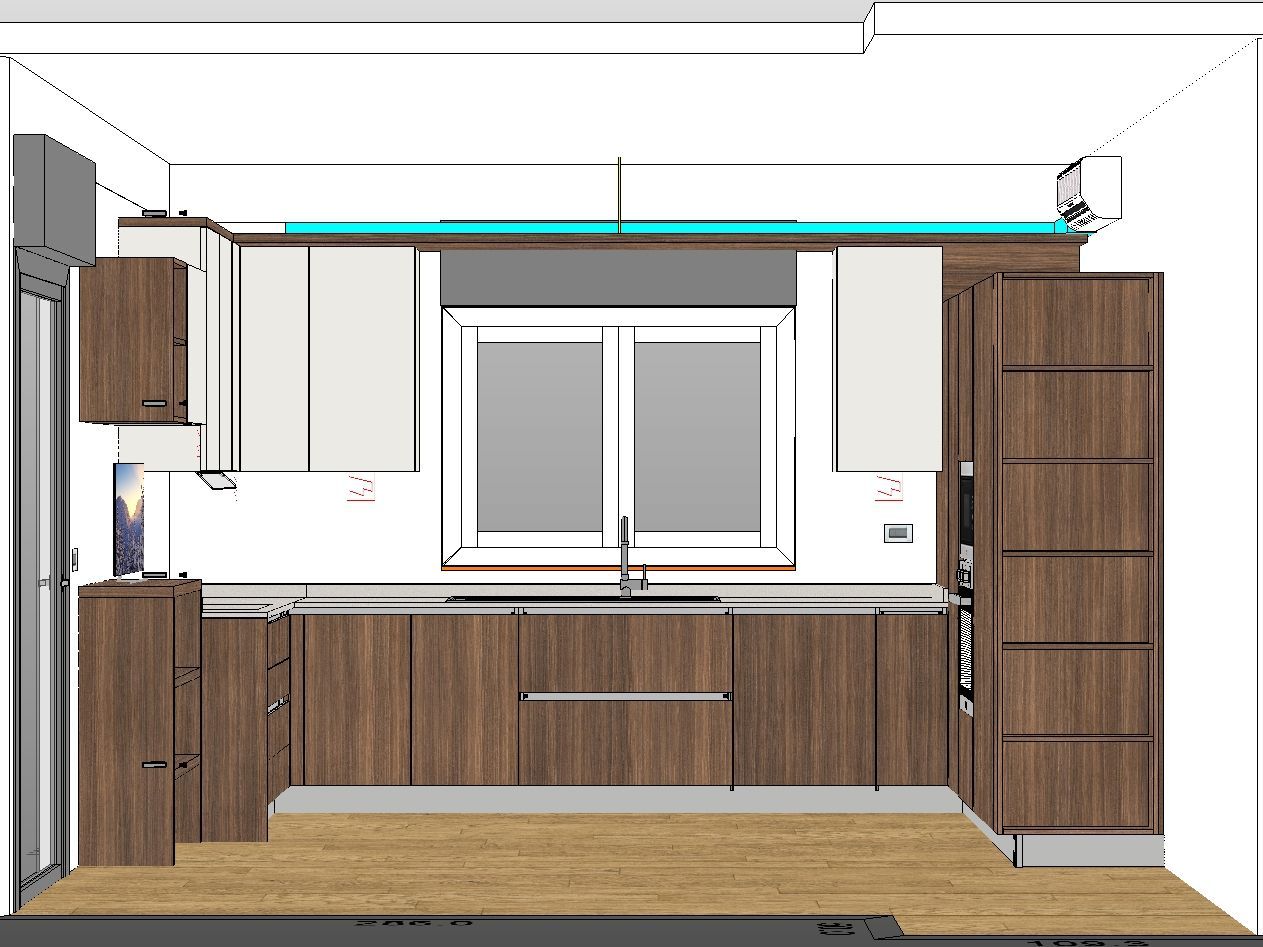Rendering del design della cucina con mobili, finestre, lavello ed elettrodomestici marroni e bianchi.