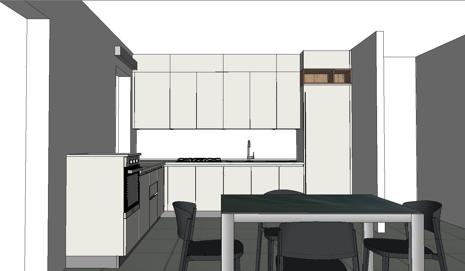 Progetto di una cucina con mobili bianchi, un lavello e un tavolo scuro con sedie.