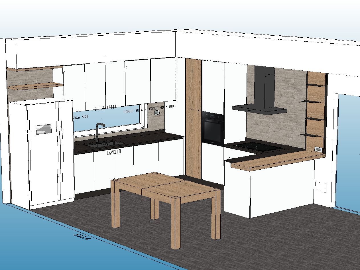 Rendering 3D di una cucina moderna con mobili bianchi, piano di lavoro nero e tavolo da pranzo in legno.