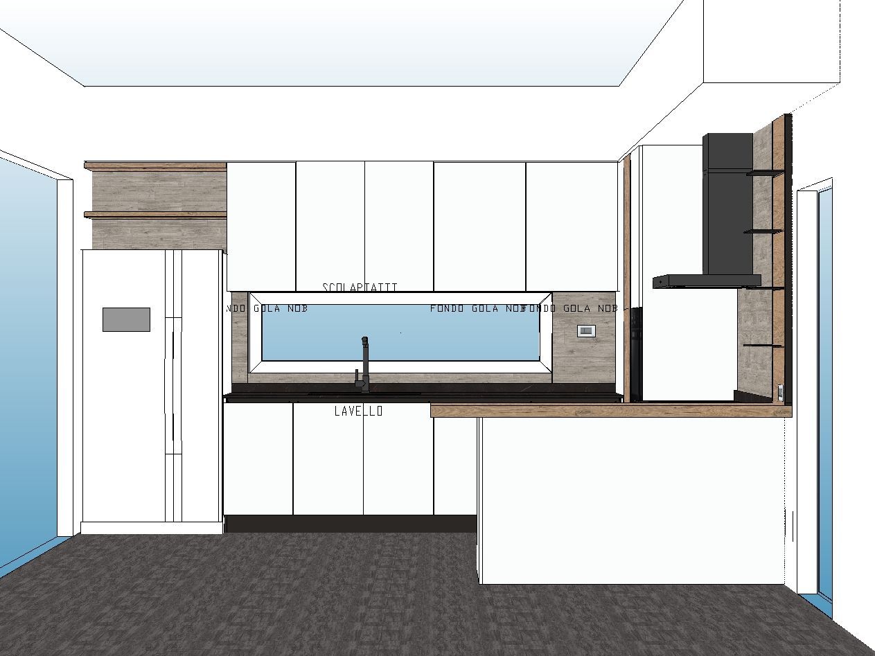 Cucina dal design moderno con mobili bianchi, piano di lavoro scuro e ampia finestra.