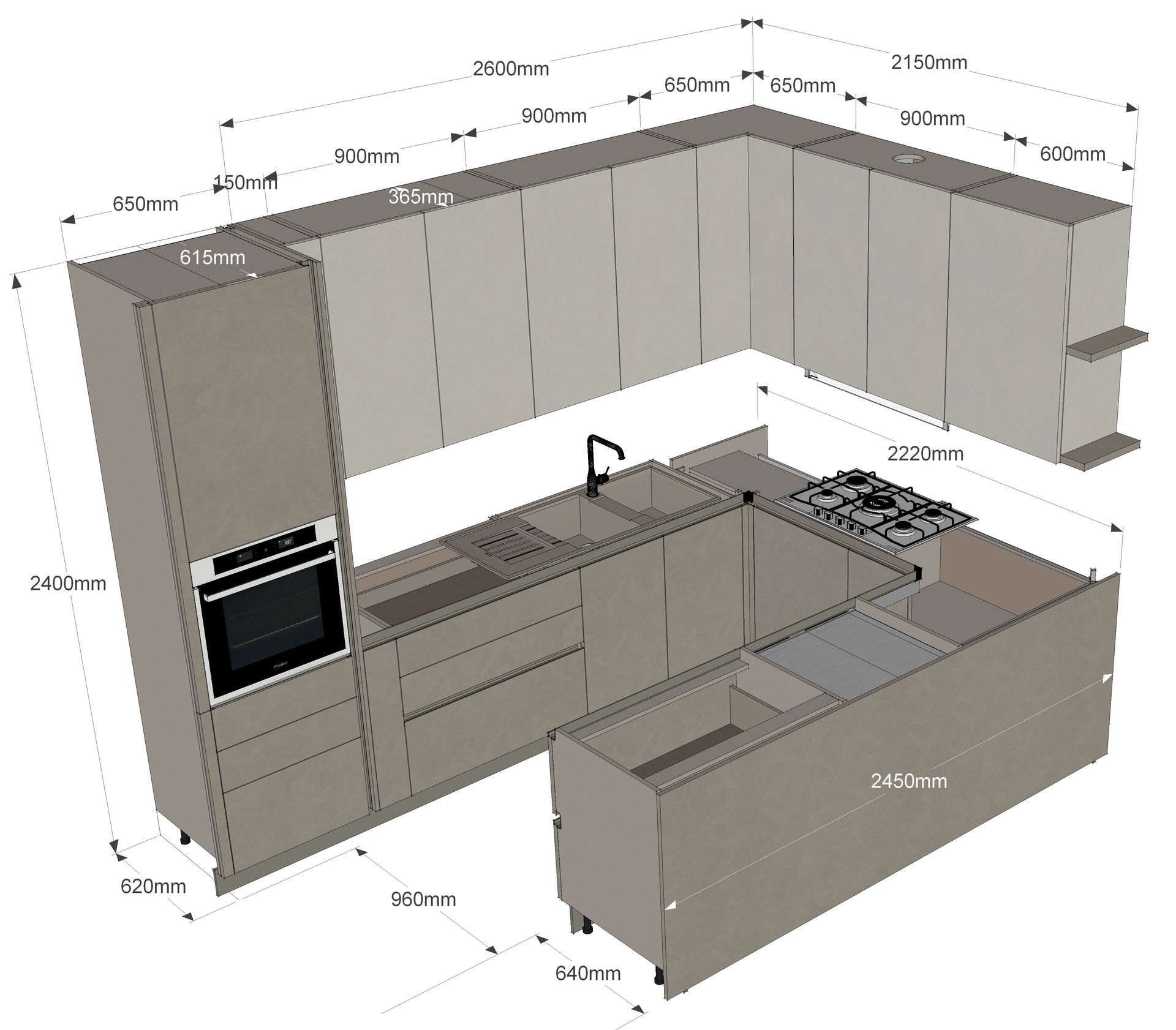 Rendering 3D di una moderna cucina a U con isola, mobili, forno ed elettrodomestici da banco.