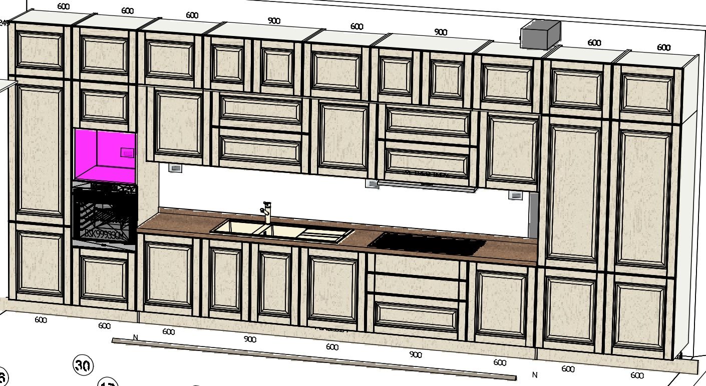 Disposizione dei mobili della cucina: mobili bianco sporco con piano di lavoro scuro, forno e microonde integrati (rosa) e piano cottura.