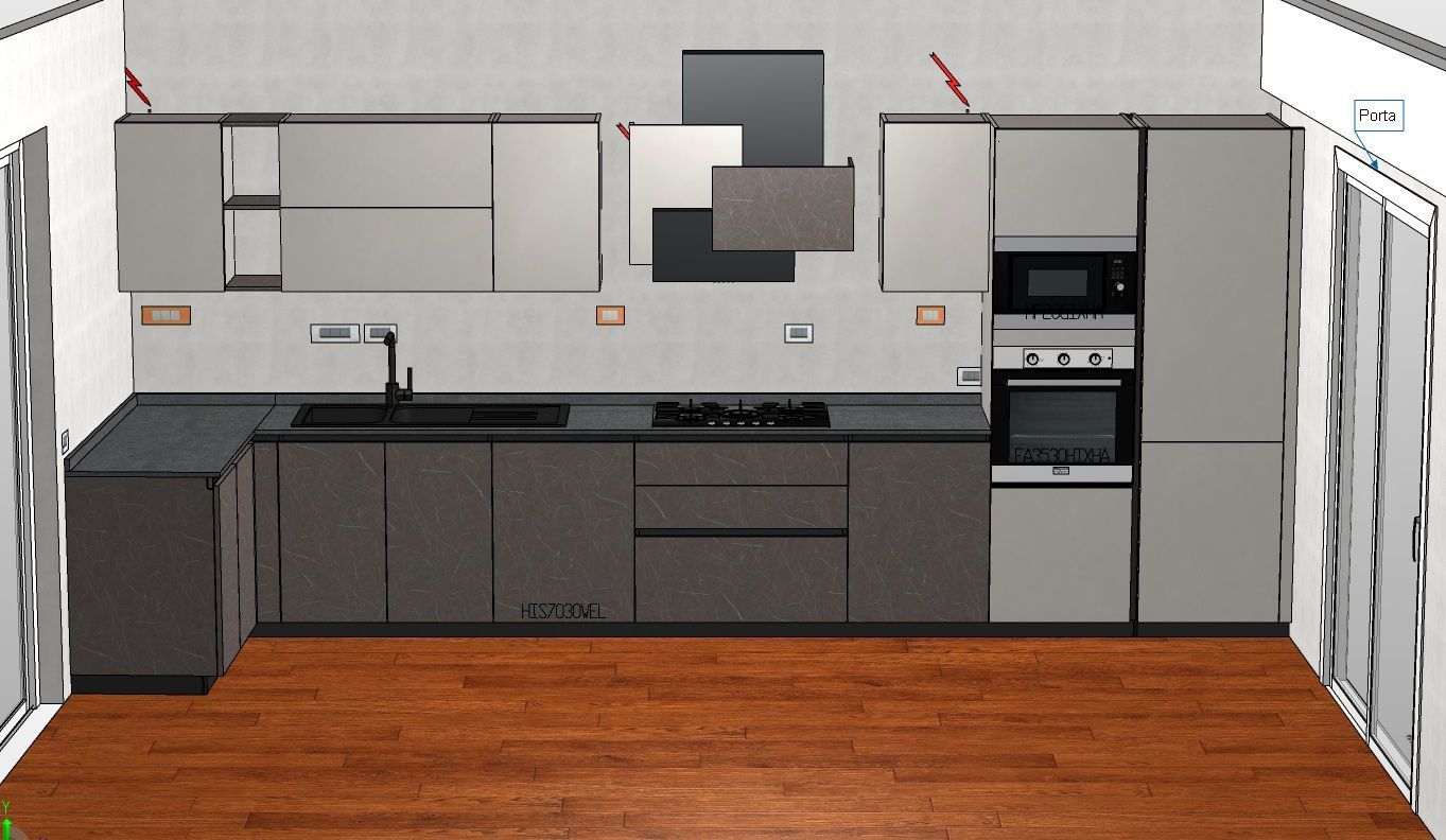 Cucina dal design moderno con mobili grigio scuro, elettrodomestici in acciaio inossidabile e pavimento in legno.