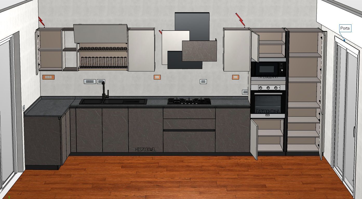 Rendering di una cucina moderna: mobili grigio scuro, ripiani neri, pavimento in legno, elettrodomestici.