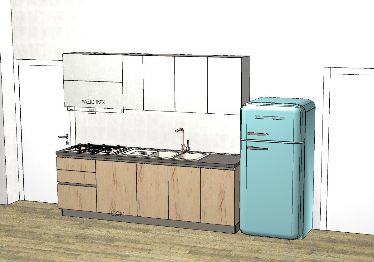 Cucina con mobili chiari, frigorifero blu e pensili bianchi.