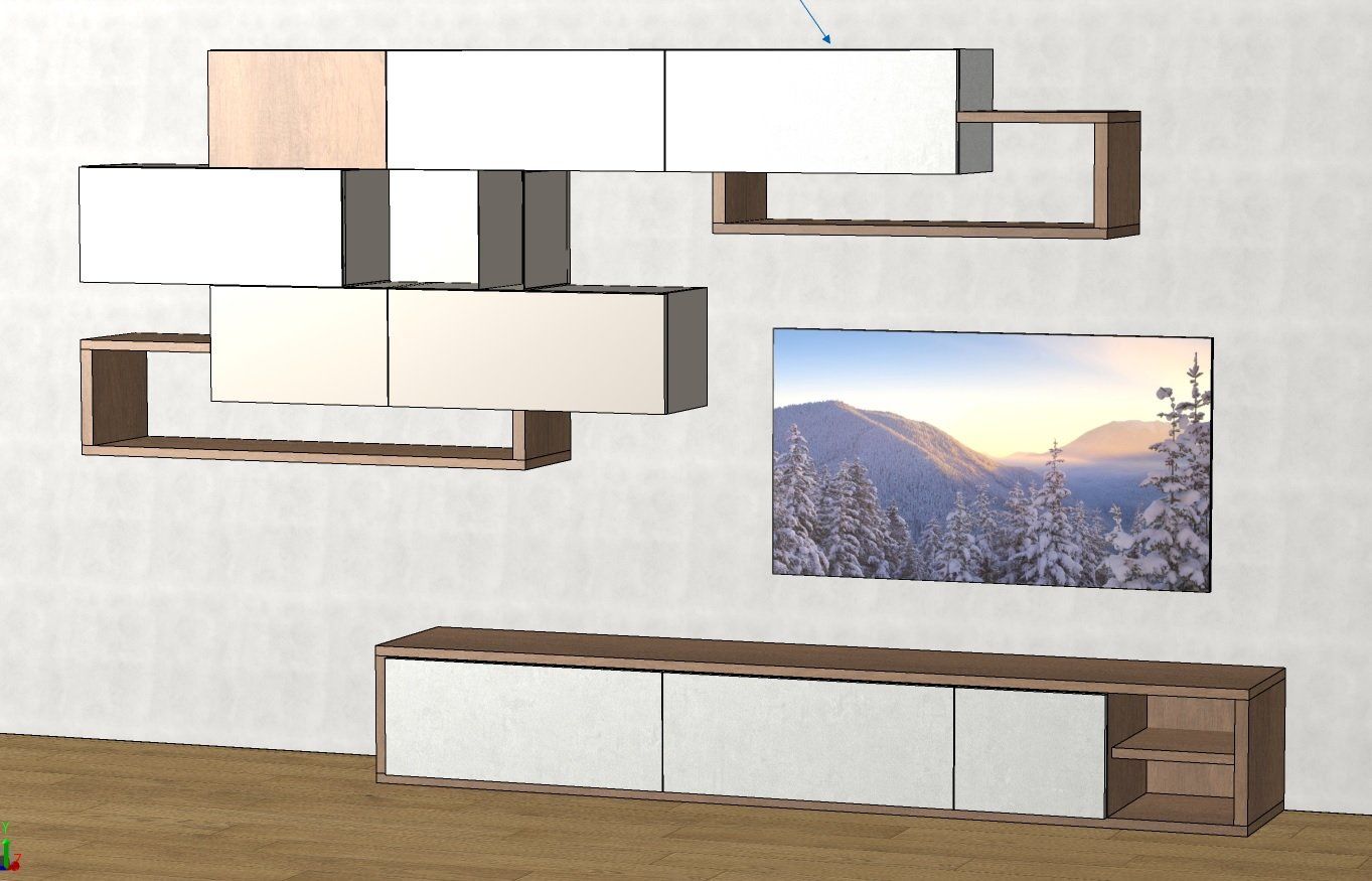 Moderna parete attrezzata bianca e in legno con TV e foto di un paesaggio.