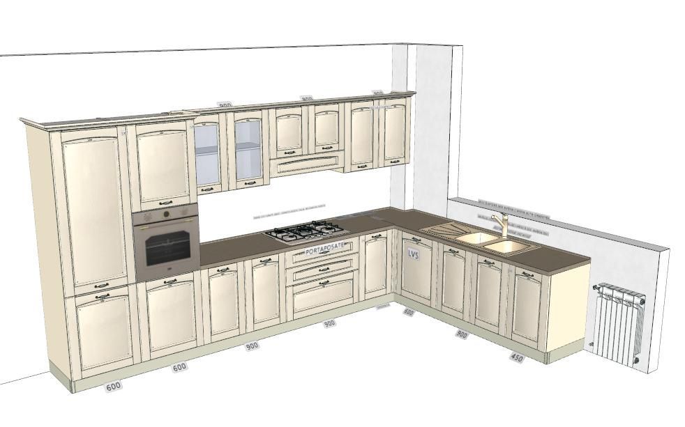 Rendering 3D di una cucina color crema con pensili e pensili, piano cottura e forno.