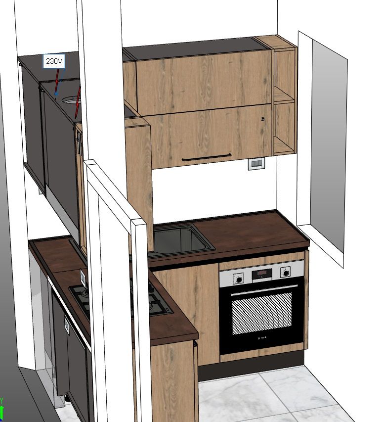 Rendering 3D di una piccola cucina con mobili marroni, elettrodomestici e una finestra.