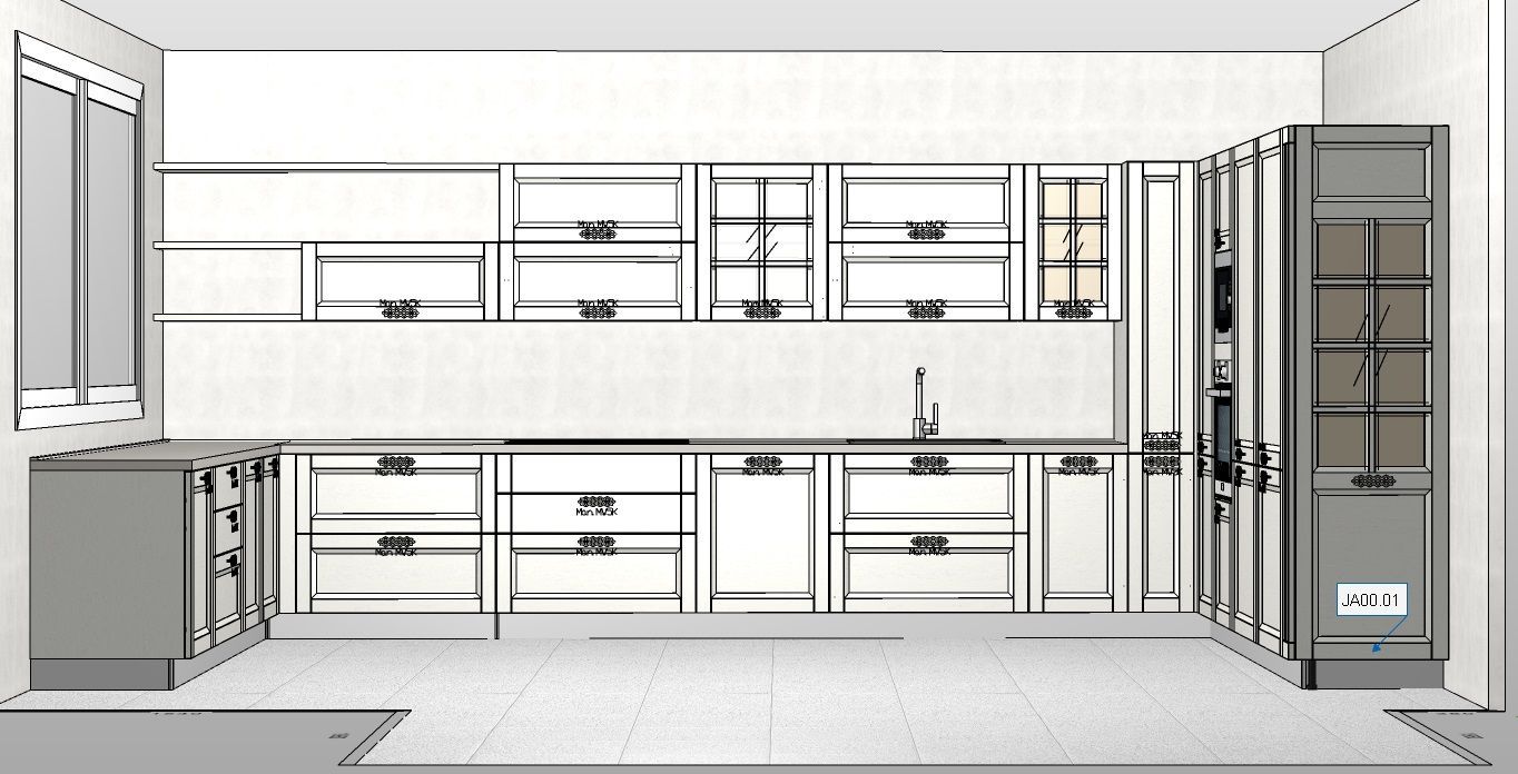 Disegno a tratteggio di una cucina moderna con mobili bianchi, una finestra ed elettrodomestici grigi.