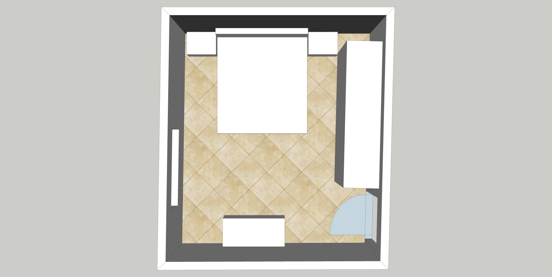Vista dall'alto della disposizione di una camera da letto. Mobili bianchi, tra cui letto, comodini e un armadio, su un pavimento piastrellato beige.