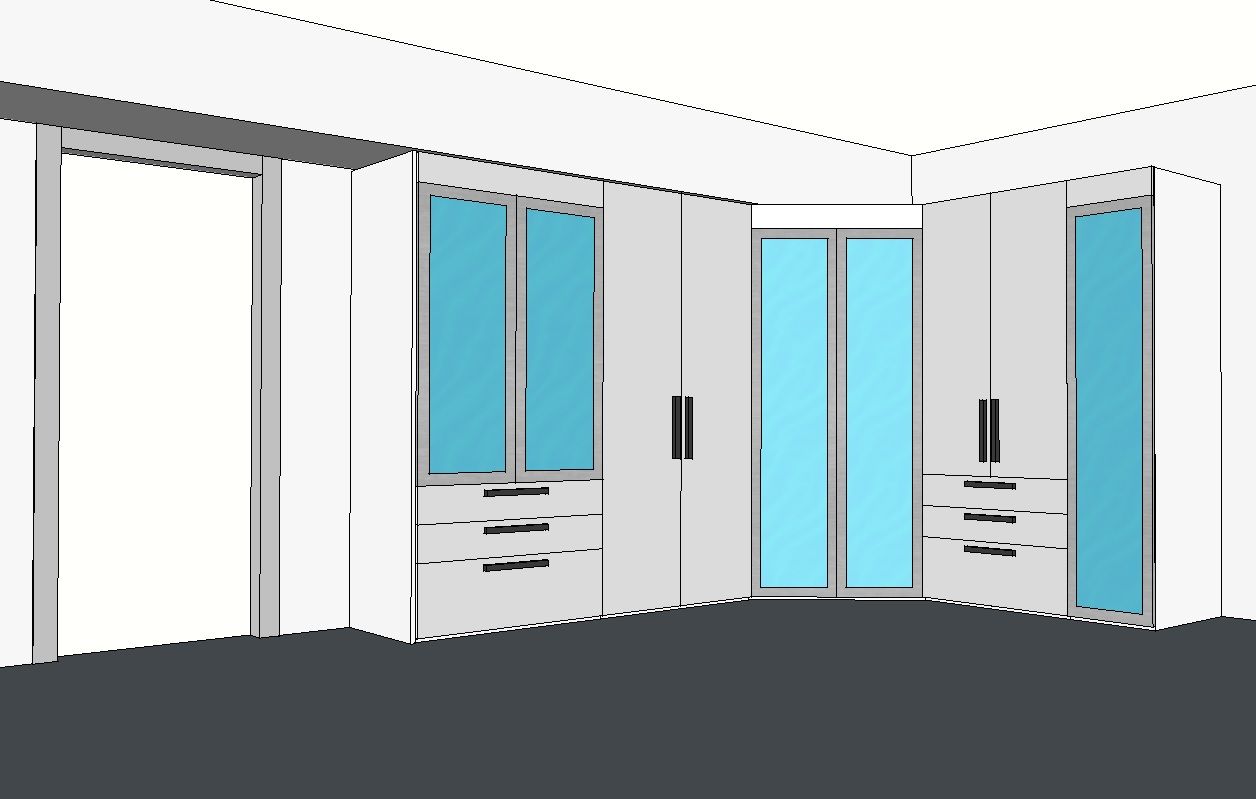 Un angolo interno con spazio di archiviazione bianco incorporato e grandi finestre e porte colorate di blu.
