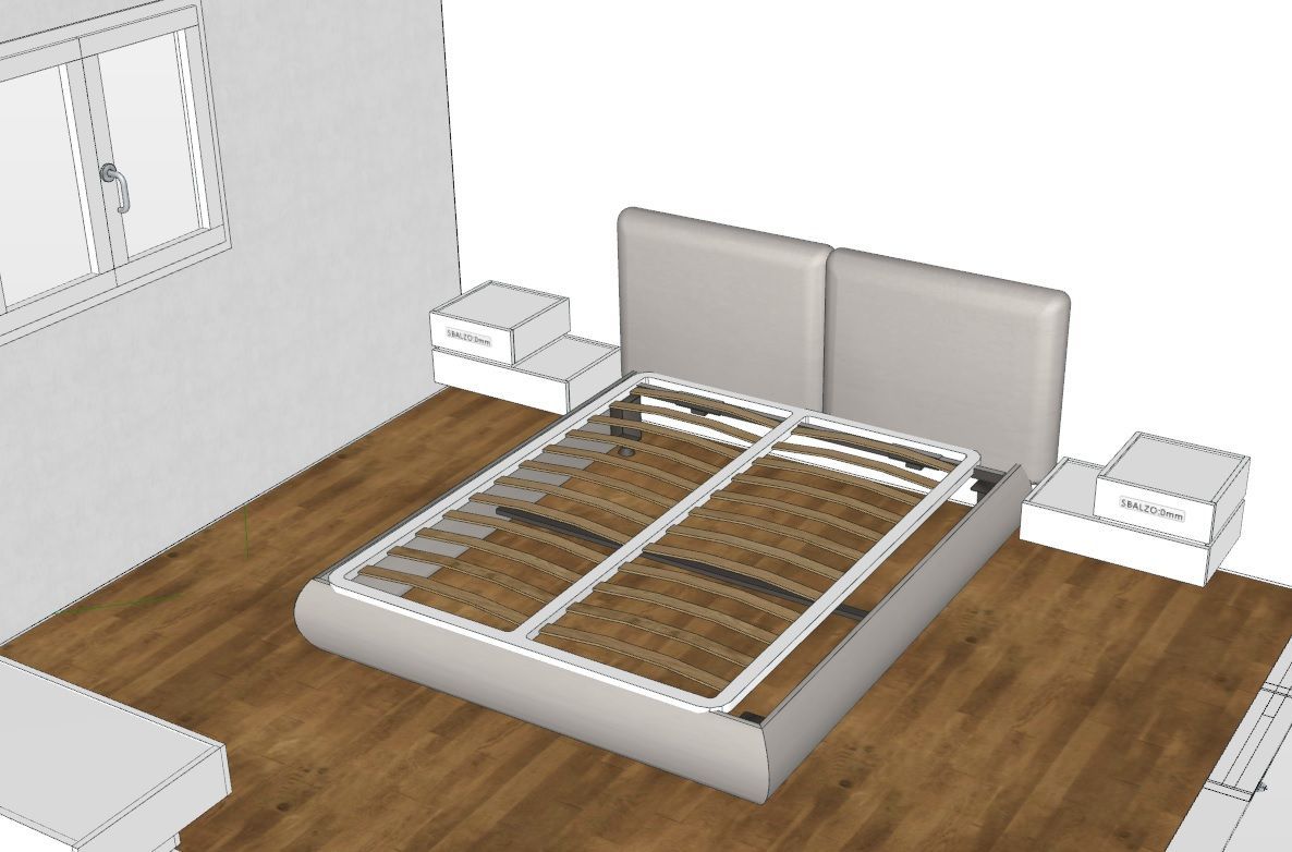 Interno della camera da letto con struttura del letto, comodini e finestra.