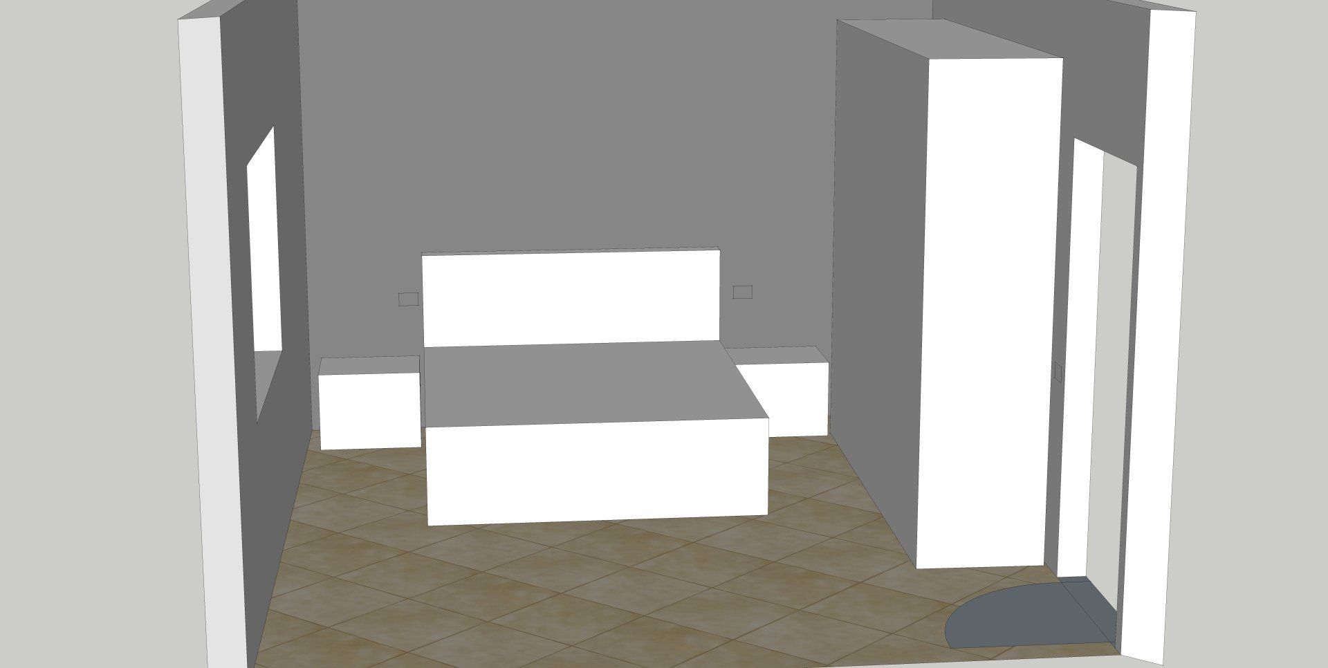 Rendering 3D di una camera da letto con letto, comodini, armadio, finestra e porta.