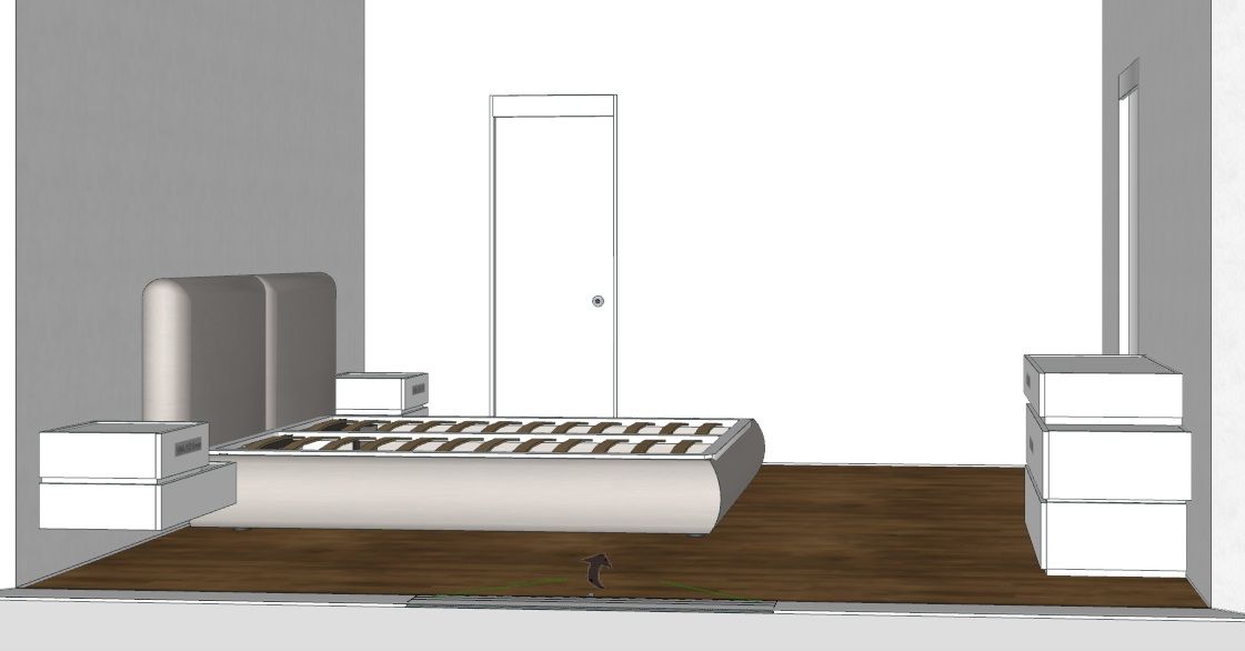 Interno di una camera da letto con letto, comodini, cassettiera e armadio, su un pavimento in legno.