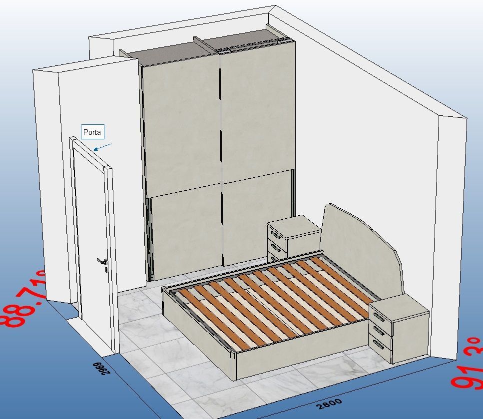 Rendering 3D di una camera da letto con letto, comodini, armadio e porta. Sono incluse le dimensioni della stanza.