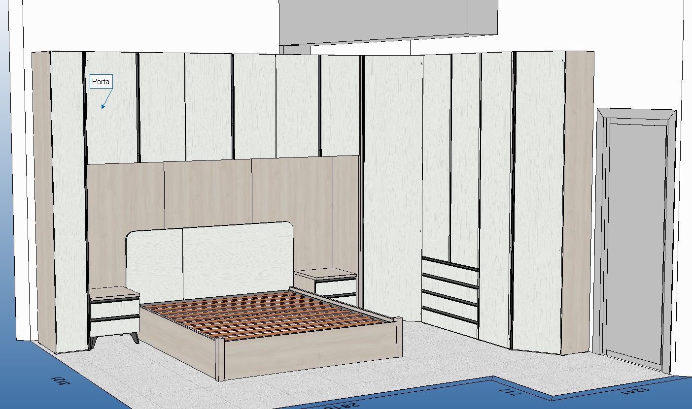 Rendering degli interni della camera da letto con letto, testiera, comodini e armadi.