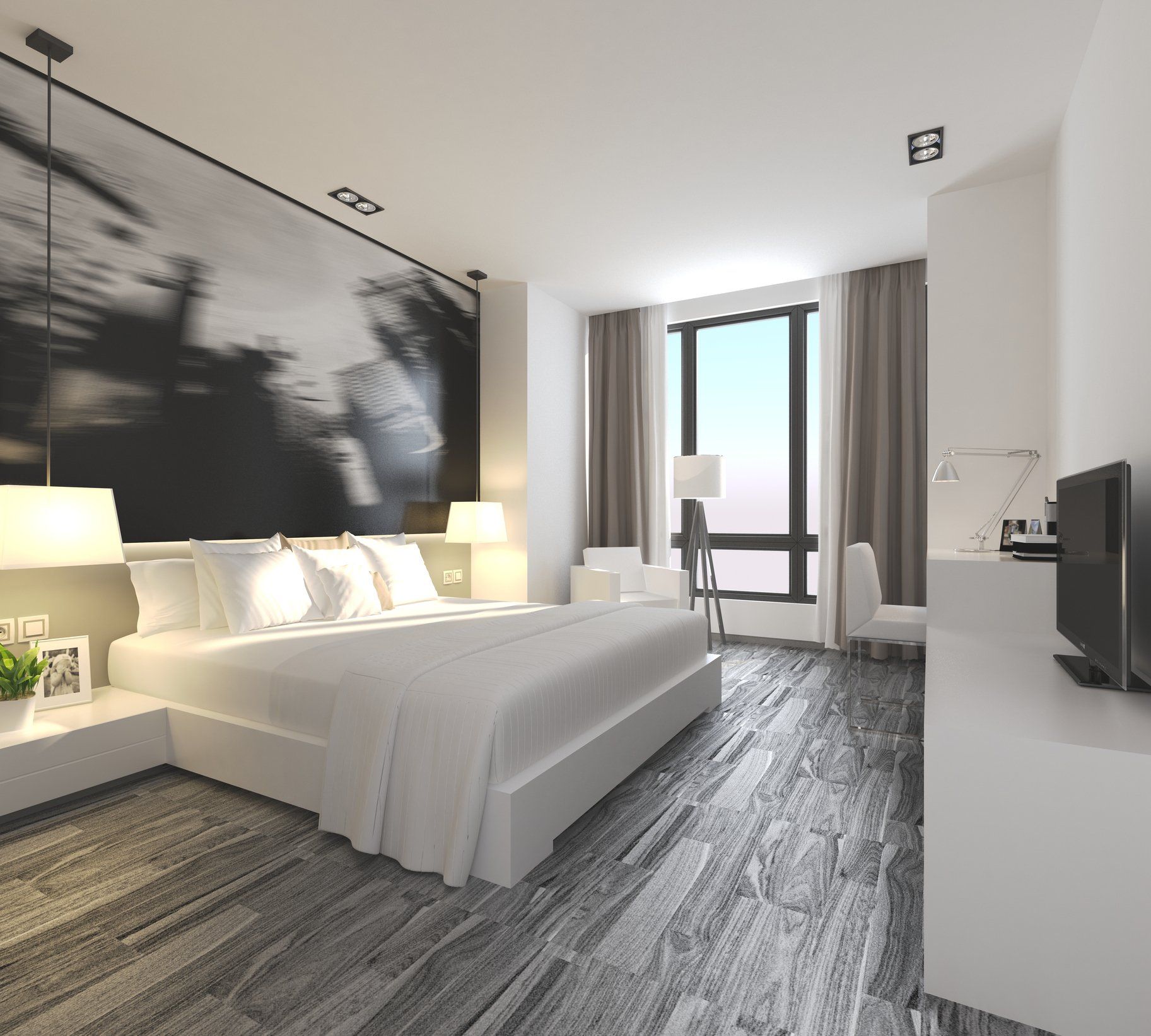 Camera da letto moderna con letto grande, finestra e opere d'arte. Combinazione di colori grigio e bianco.